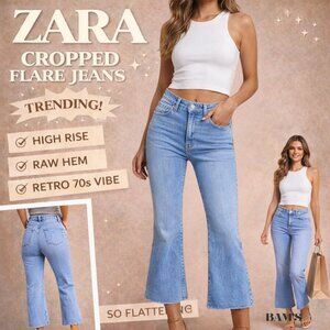 Zara Cropped Flare Jeans High Rise Light Wash Raw Hem | Size 6 | Retro 70s Denim